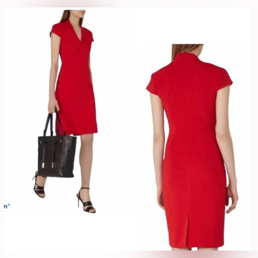 Reiss Red Cap-Sleeve V-Neck Sheath Dress